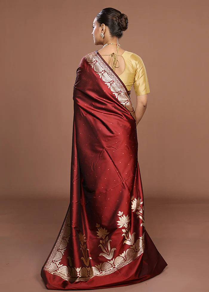 Maroon Katan Silk Saree With Blouse Piece - Image 3