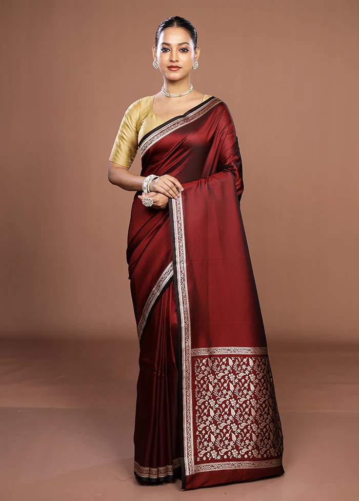 Maroon Katan Silk Saree With Blouse Piece - Image 2