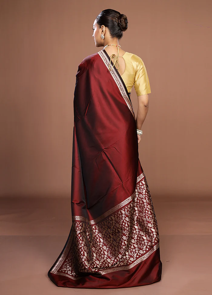Maroon Katan Silk Saree With Blouse Piece - Image 3