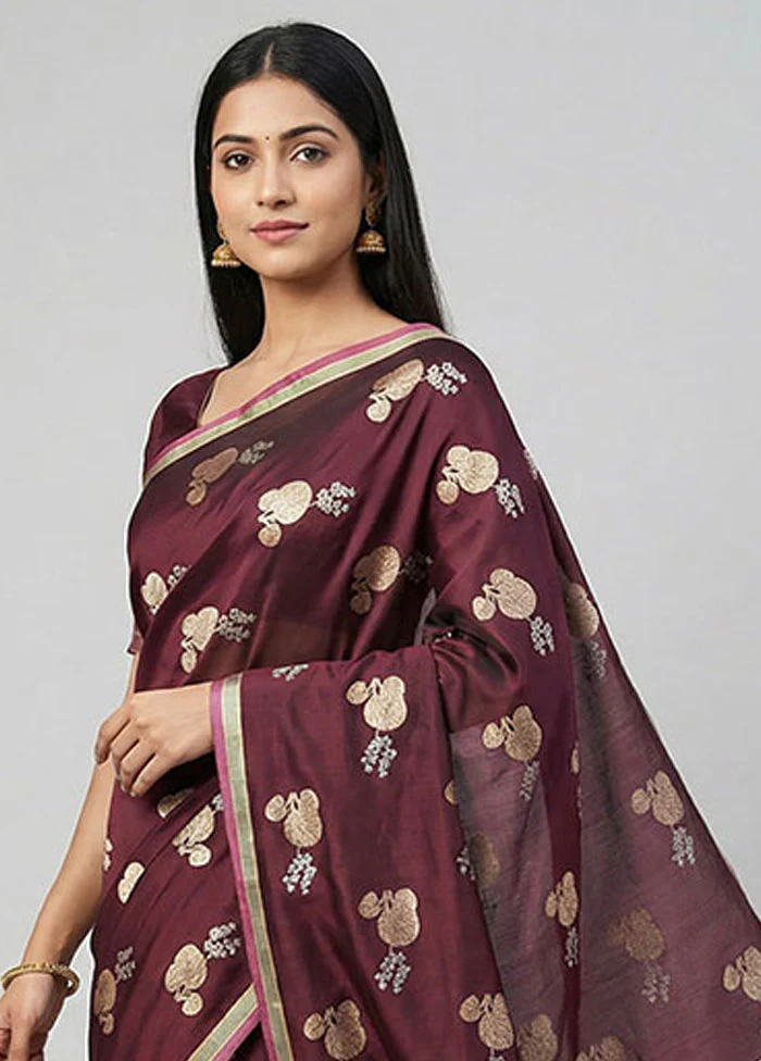 Maroon Katan Silk Saree With Blouse Piece - Image 2