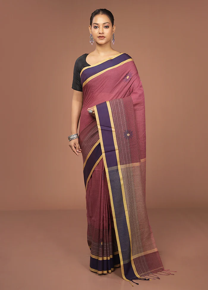 Maroon Khadi Cotton Saree With Blouse Piece - Image 2