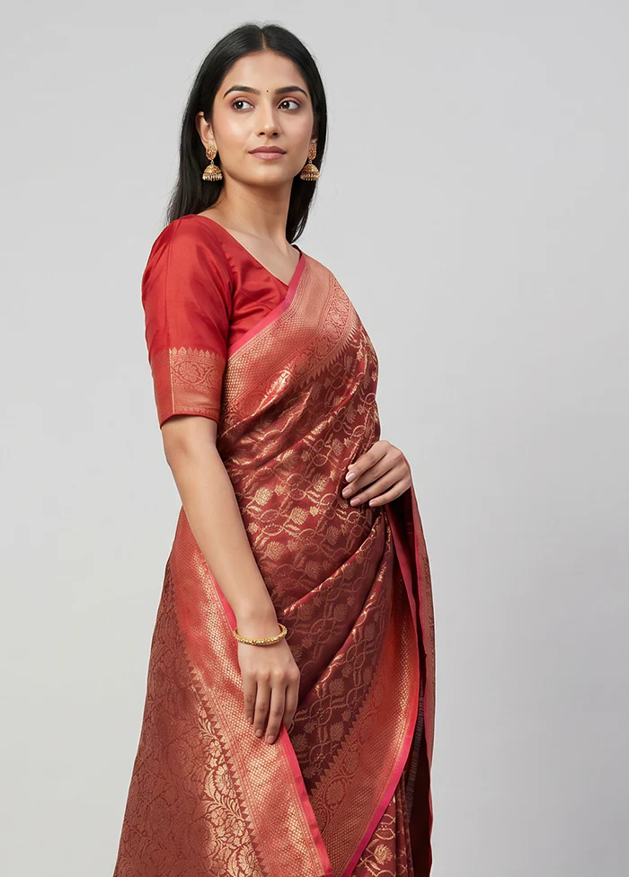 Maroon Kora Silk Saree With Blouse Piece - Image 2