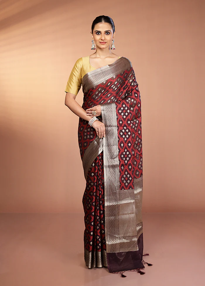 Maroon Kora Silk Saree With Blouse Piece - Image 2