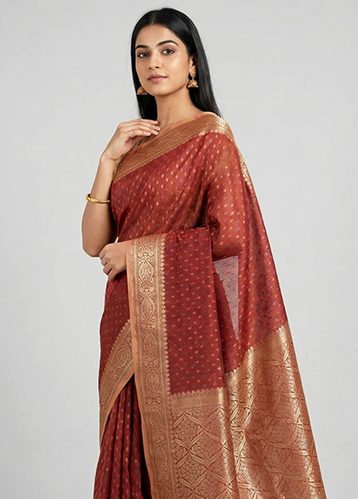 Maroon Kora Silk Saree With Blouse Piece - Image 2