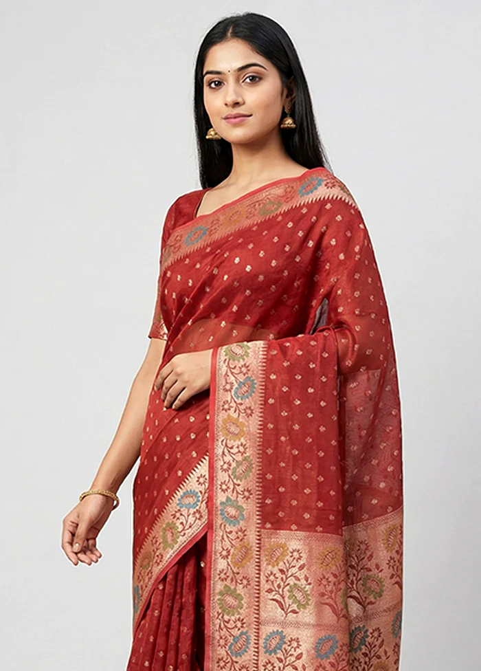 Maroon Kora Silk Saree With Blouse Piece - Image 2