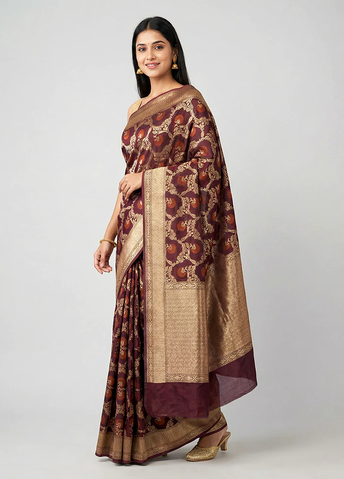 Maroon Kora Silk Saree With Blouse Piece