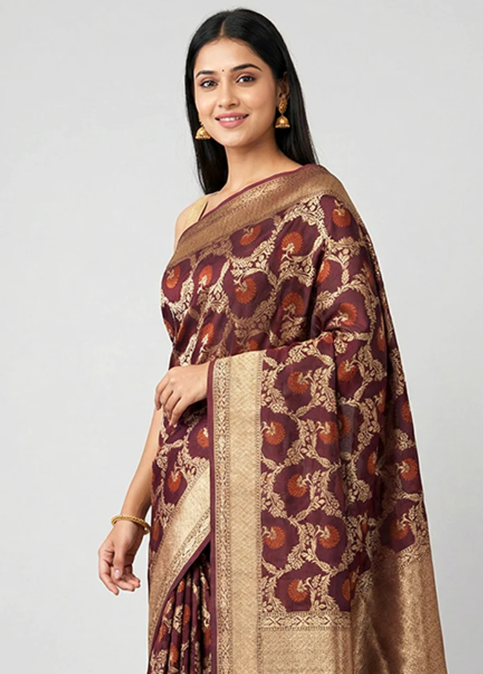 Maroon Kora Silk Saree With Blouse Piece - Image 2