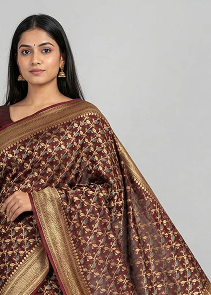 Maroon Kora Silk Saree With Blouse Piece - Image 2