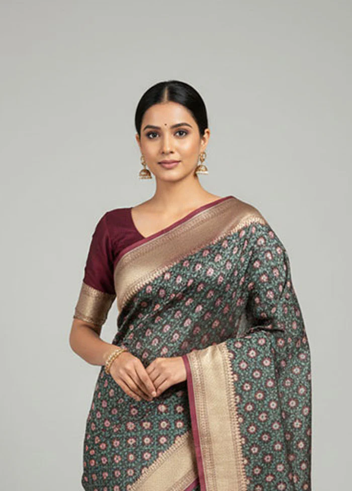 Maroon Kora Silk Saree With Blouse Piece - Image 2