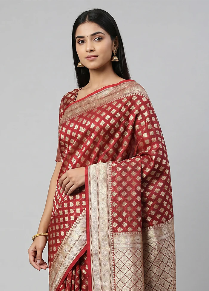 Maroon Kora Silk Saree With Blouse Piece - Image 2