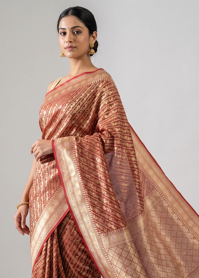 Maroon Kora Silk Saree With Blouse Piece - Image 2