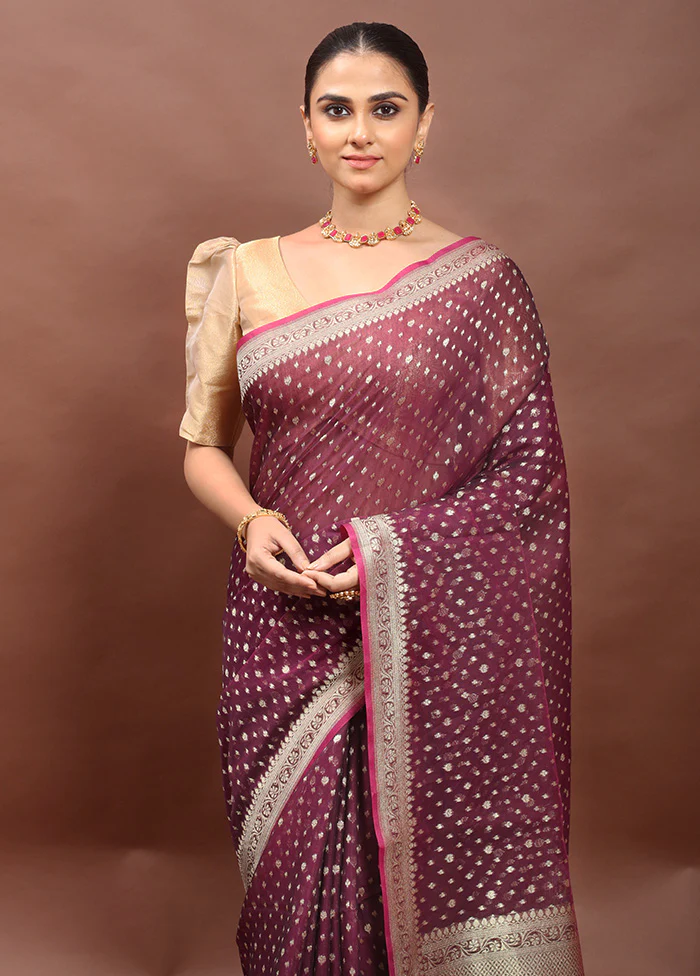 Maroon Kora Silk Saree With Blouse Piece - Image 2