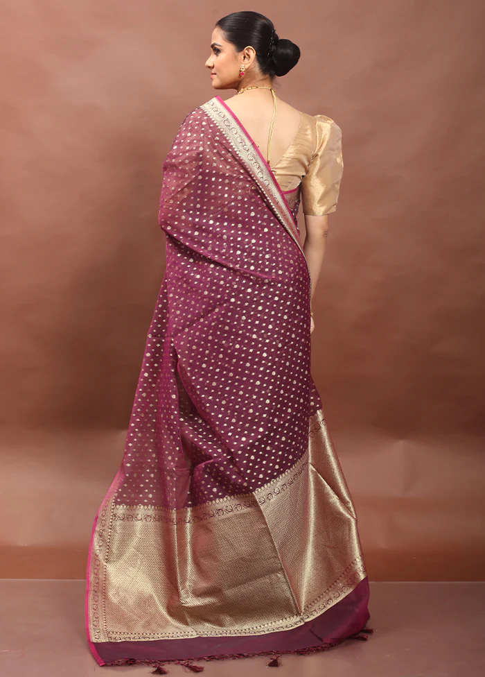 Maroon Kora Silk Saree With Blouse Piece - Image 3