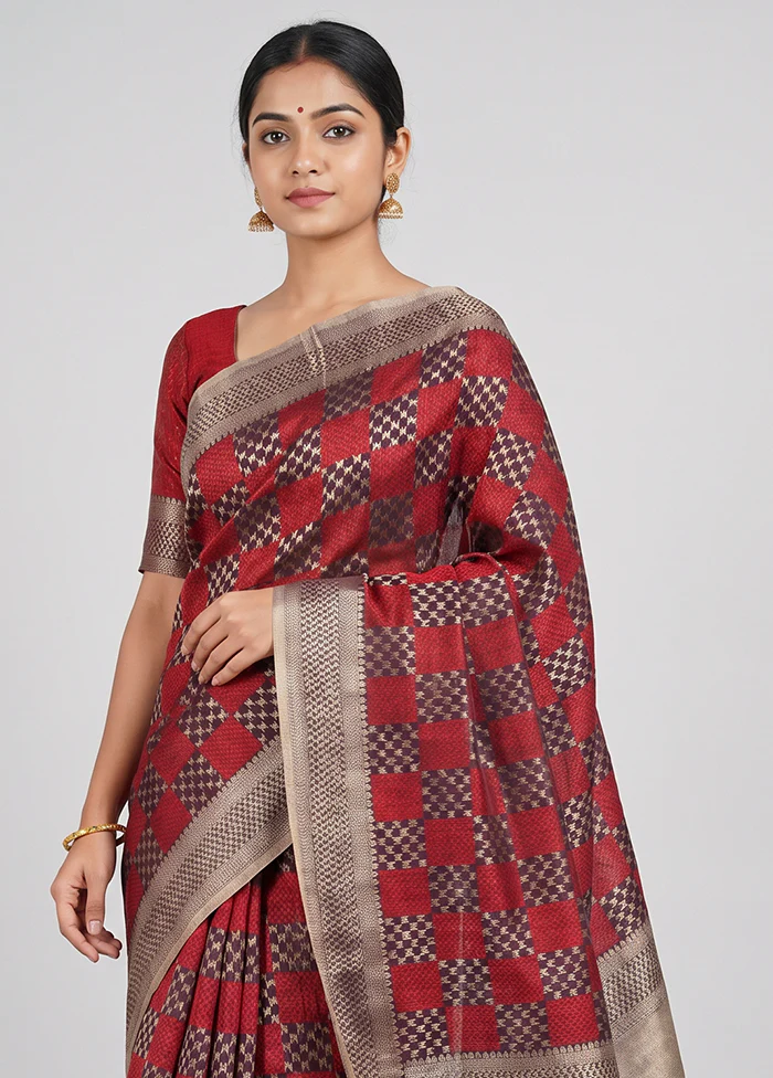Maroon Kora Silk Saree With Blouse Piece - Image 2