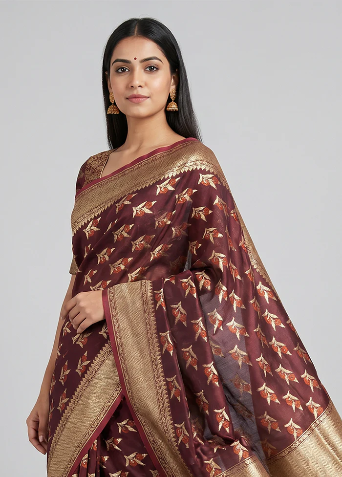 Maroon Kora Silk Saree With Blouse Piece - Image 2