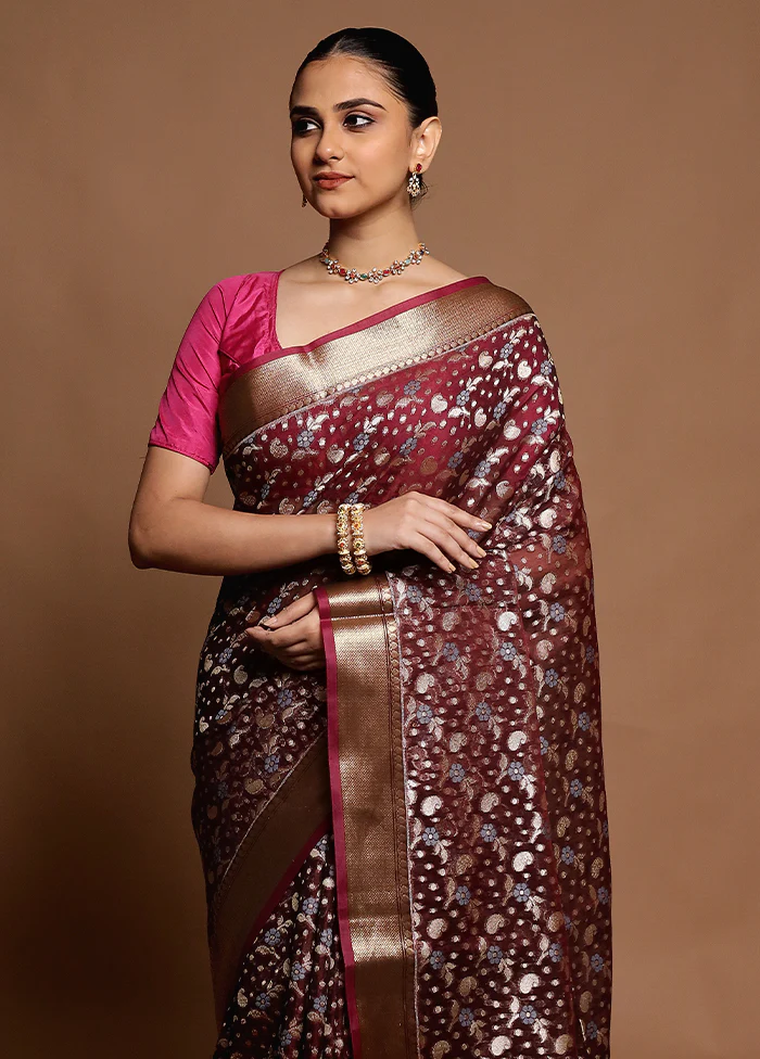 Maroon Kora Silk Saree With Blouse Piece - Image 2