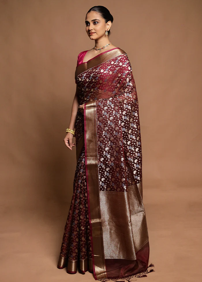 Maroon Kora Silk Saree With Blouse Piece - Image 4