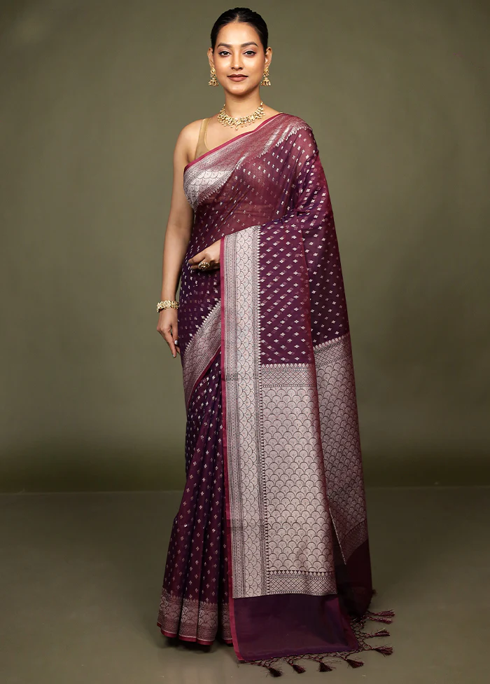Maroon Kora Silk Saree With Blouse Piece - Image 2