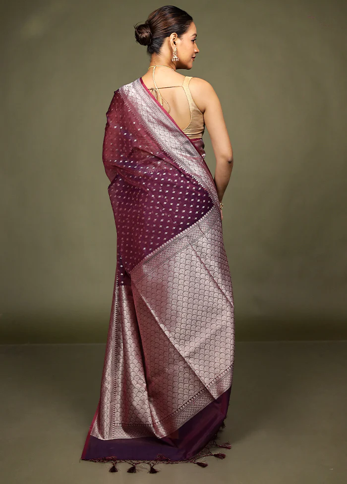 Maroon Kora Silk Saree With Blouse Piece - Image 3