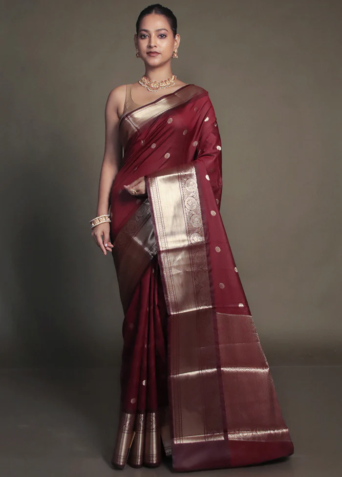Maroon Kora Silk Saree With Blouse Piece