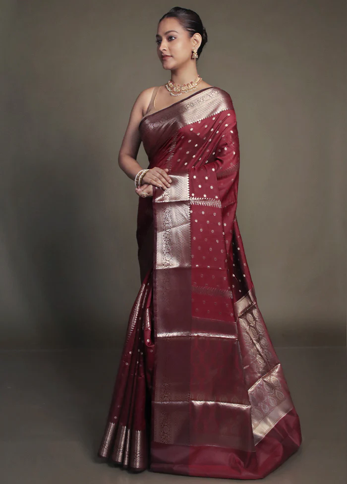 Maroon Kora Silk Saree With Blouse Piece - Image 4