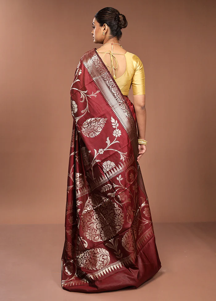 Maroon Kora Silk Saree With Blouse Piece - Image 3