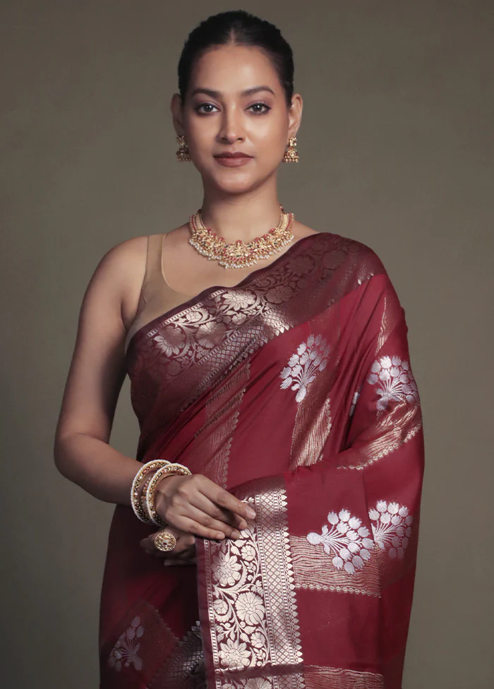 Maroon Kora Silk Saree With Blouse Piece - Image 2