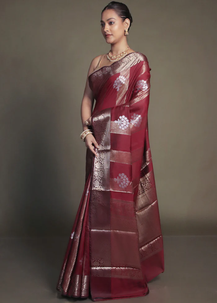 Maroon Kora Silk Saree With Blouse Piece - Image 4