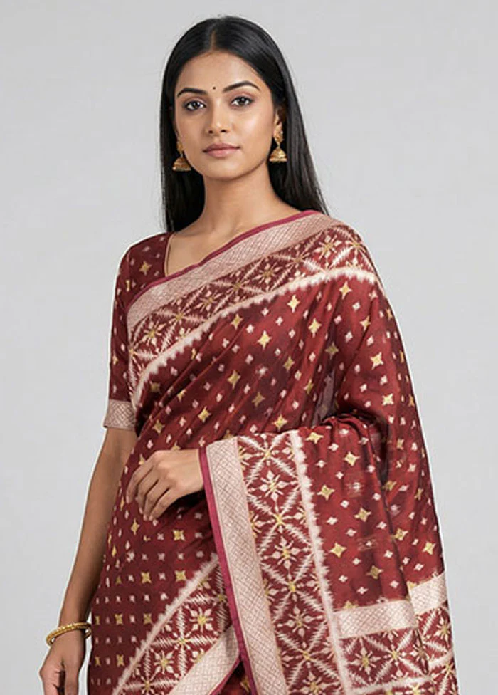 Maroon Kora Silk Saree With Blouse Piece - Image 2