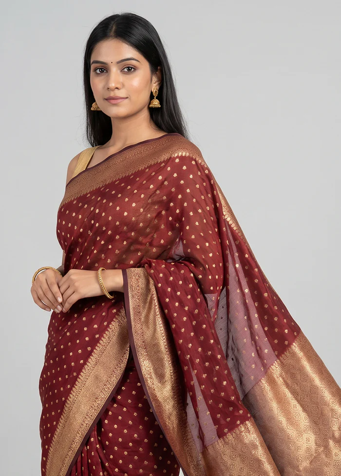 Maroon Kora Silk Saree With Blouse Piece - Image 2