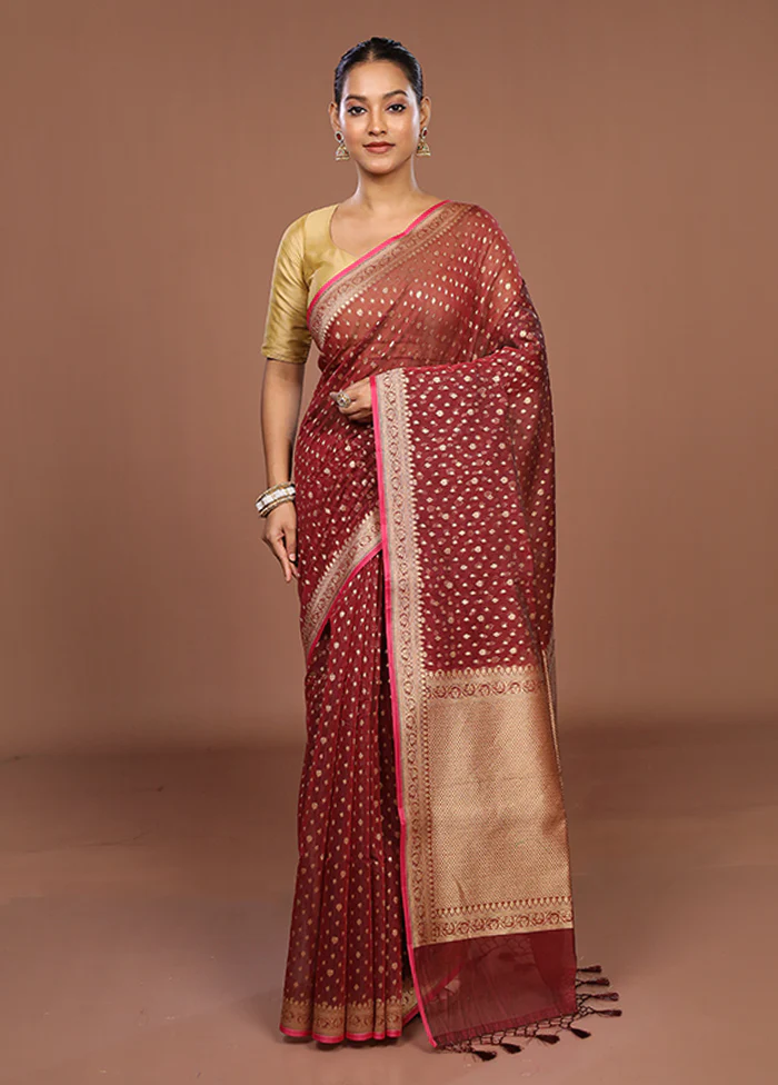 Maroon Kora Silk Saree With Blouse Piece - Image 2
