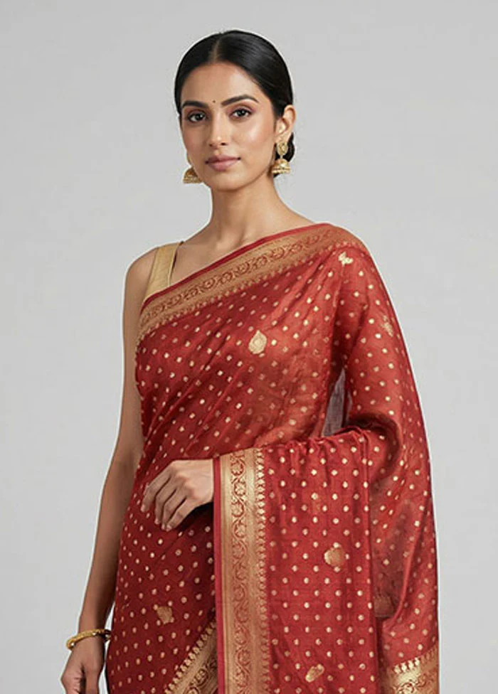 Maroon Kora Silk Saree With Blouse Piece - Image 2