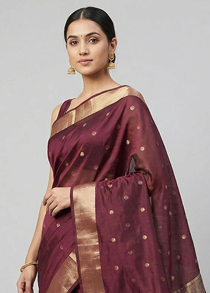 Maroon Kora Silk Saree With Blouse Piece - Image 2