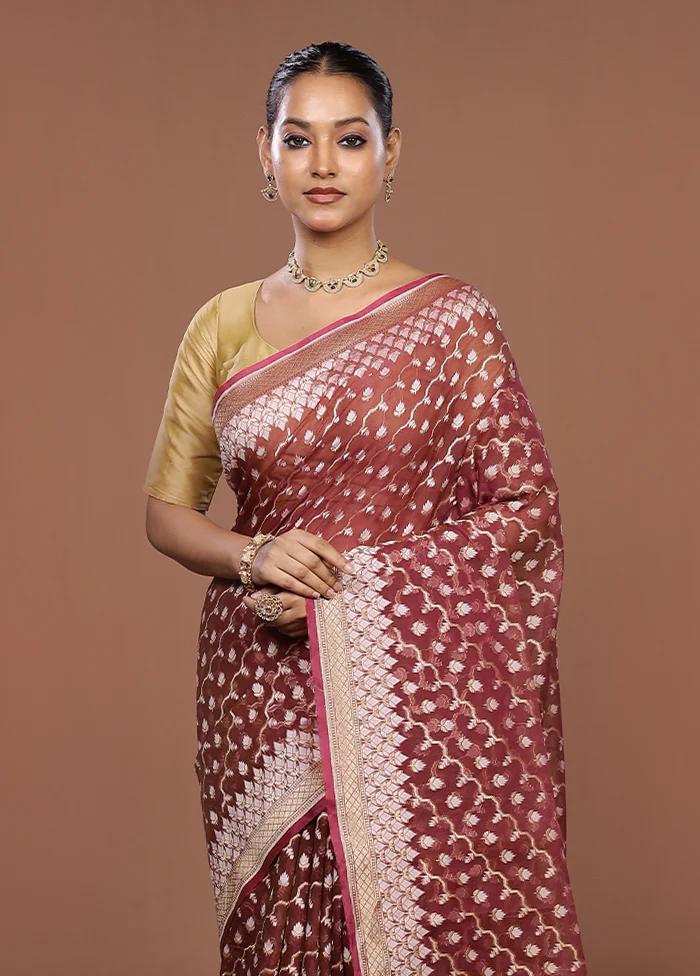 Maroon Kora Silk Saree With Blouse Piece
