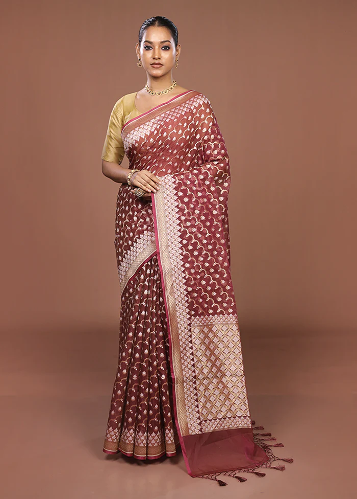 Maroon Kora Silk Saree With Blouse Piece - Image 2