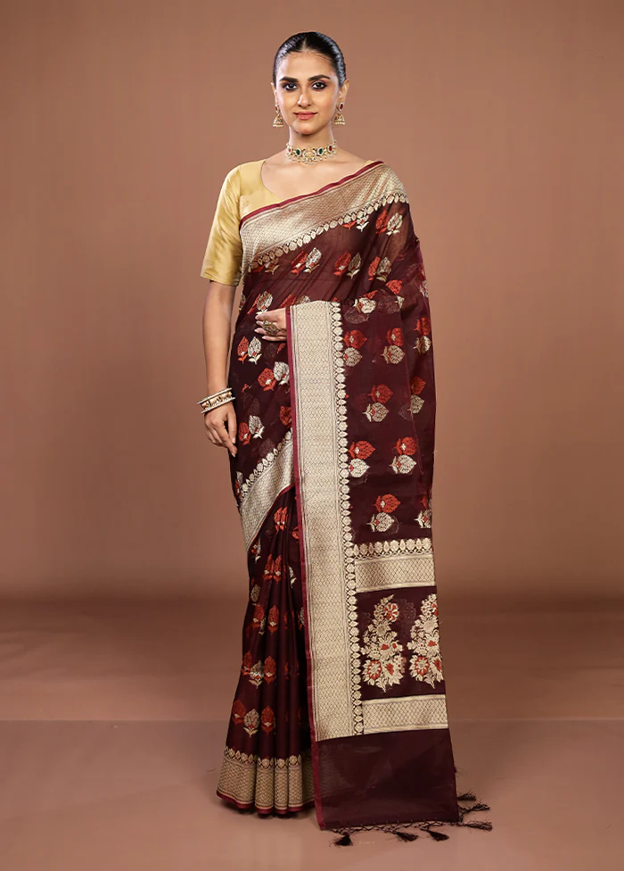 Maroon Kora Silk Saree With Blouse Piece - Image 2