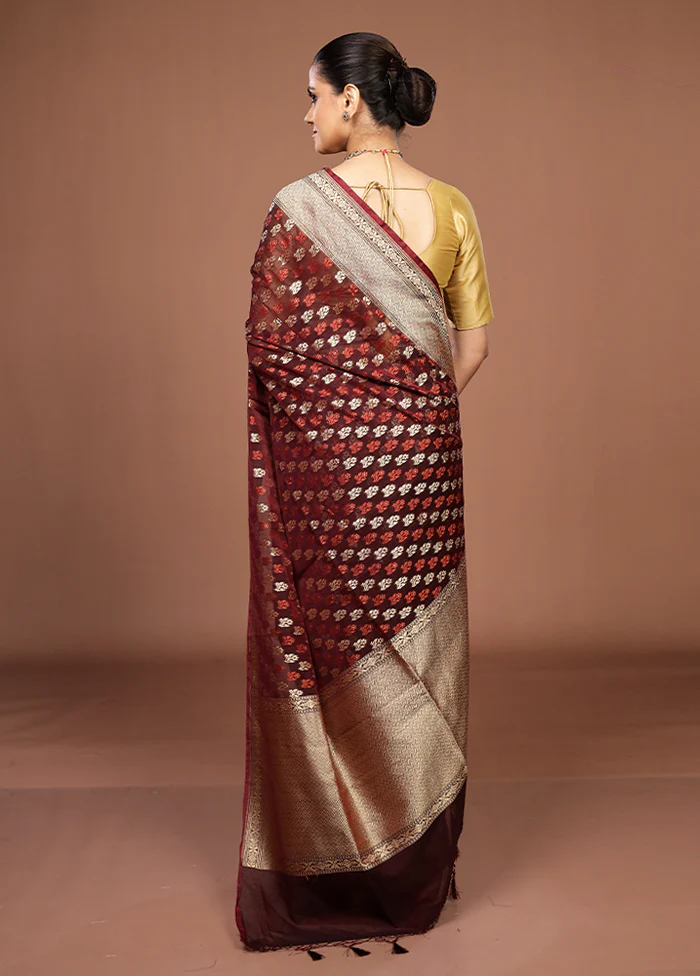Maroon Kora Silk Saree With Blouse Piece - Image 3
