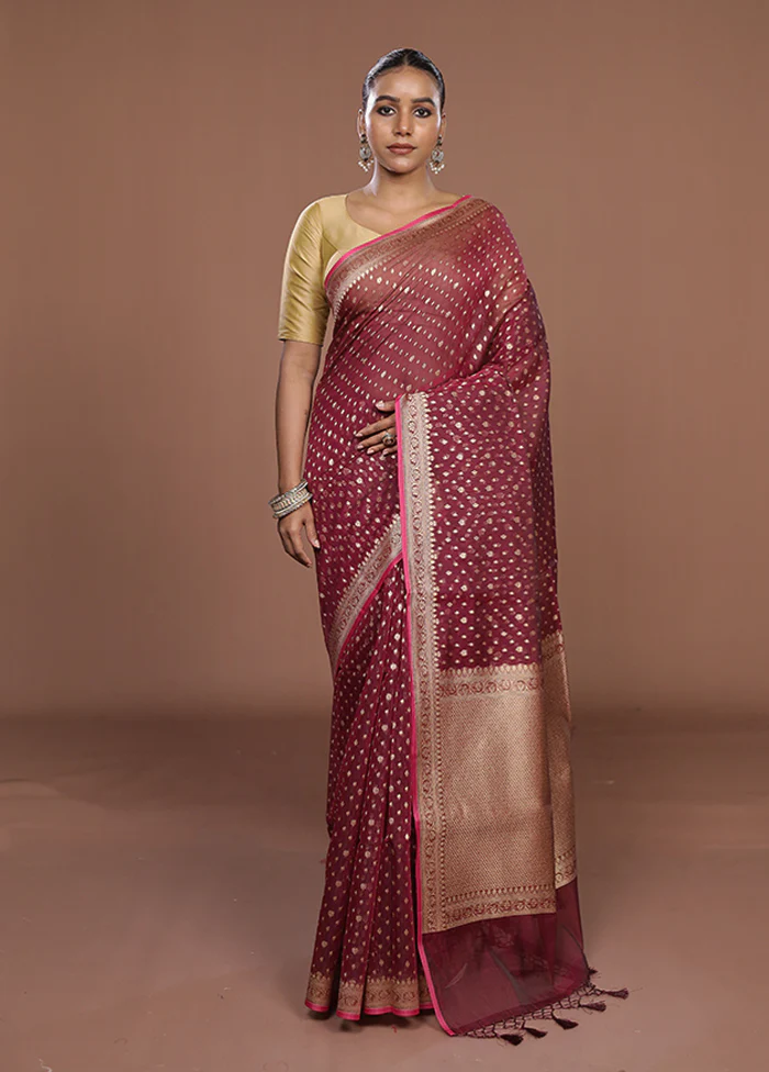 Maroon Kora Silk Saree With Blouse Piece - Image 2