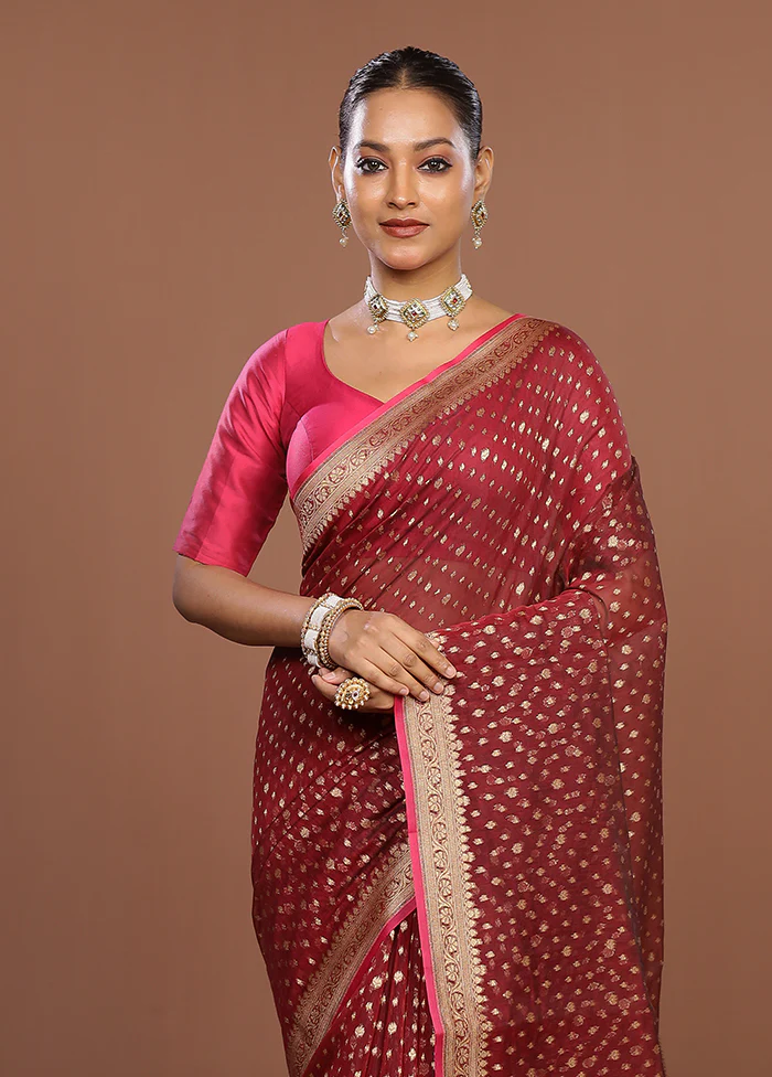 Maroon Kora Silk Saree With Blouse Piece