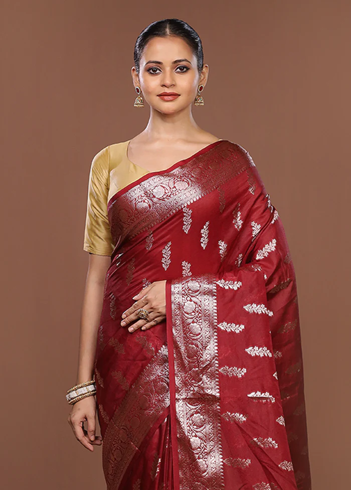 Maroon Kora Silk Saree With Blouse Piece