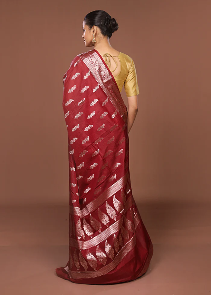 Maroon Kora Silk Saree With Blouse Piece - Image 3