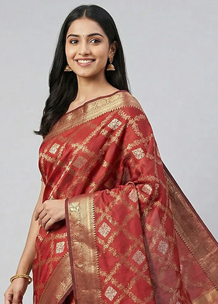 Maroon Kora Silk Saree With Blouse Piece - Image 2