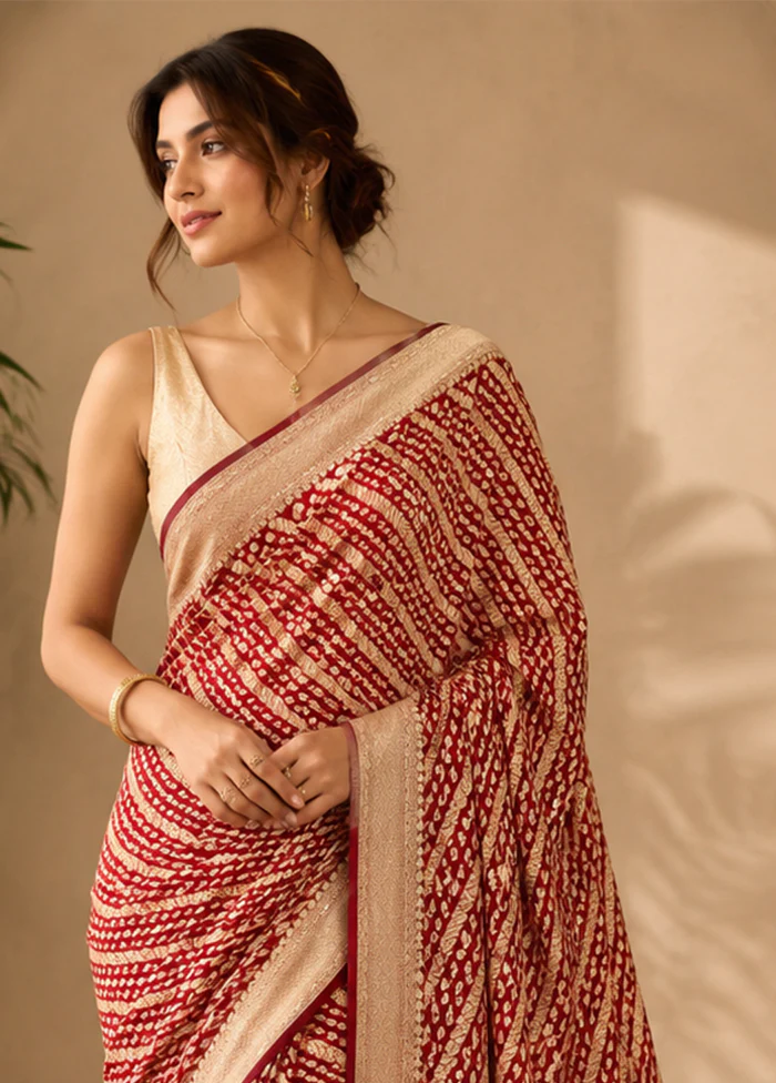 Maroon Kora Silk Saree With Blouse Piece - Image 2