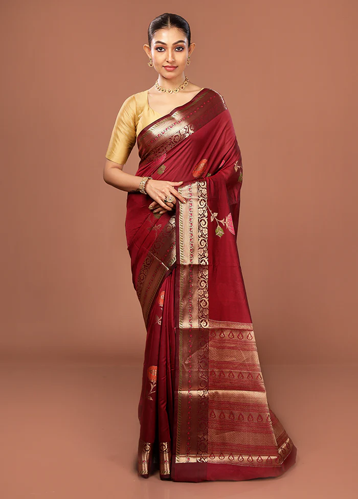 Maroon Kora Silk Saree With Blouse Piece - Image 2