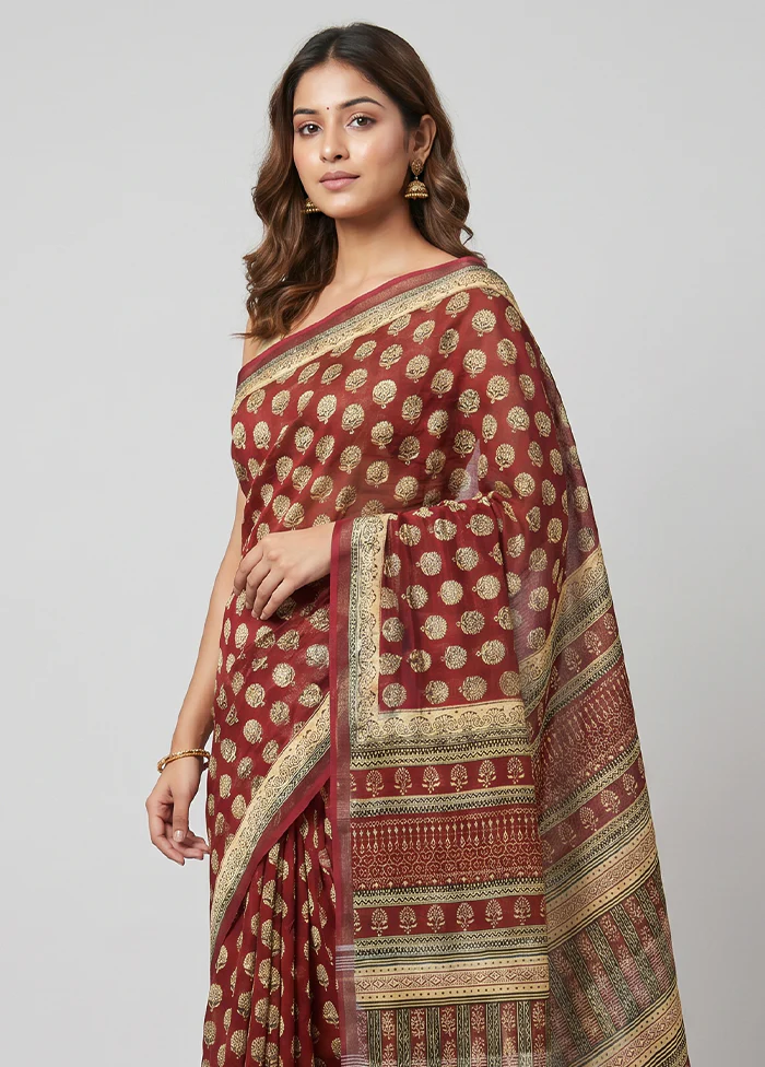 Maroon Linen Silk Saree With Blouse Piece - Image 2