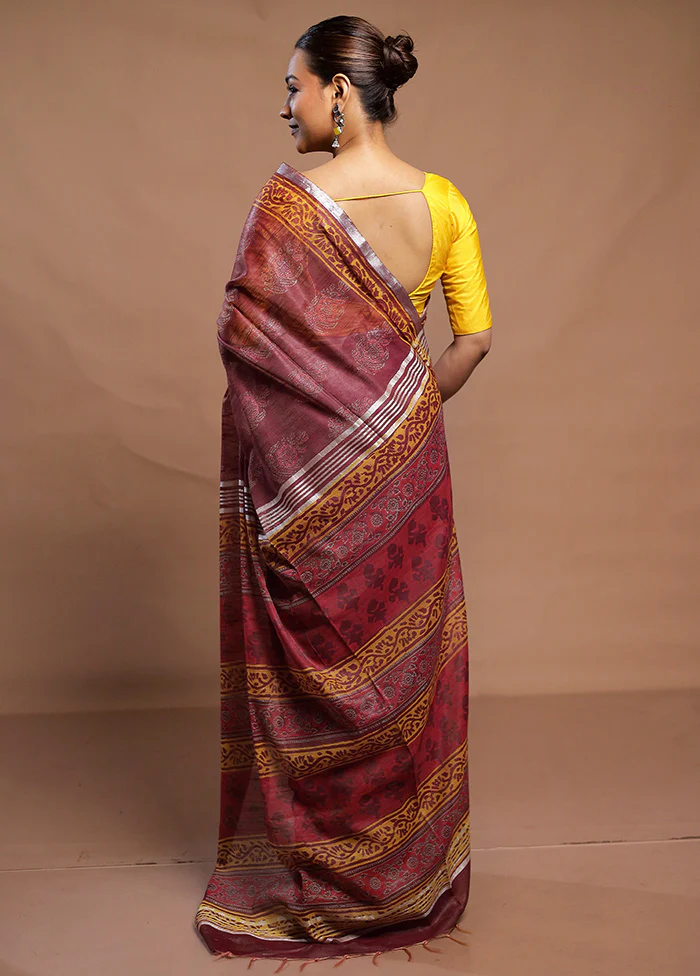 Maroon Linen Silk Saree With Blouse Piece - Image 3