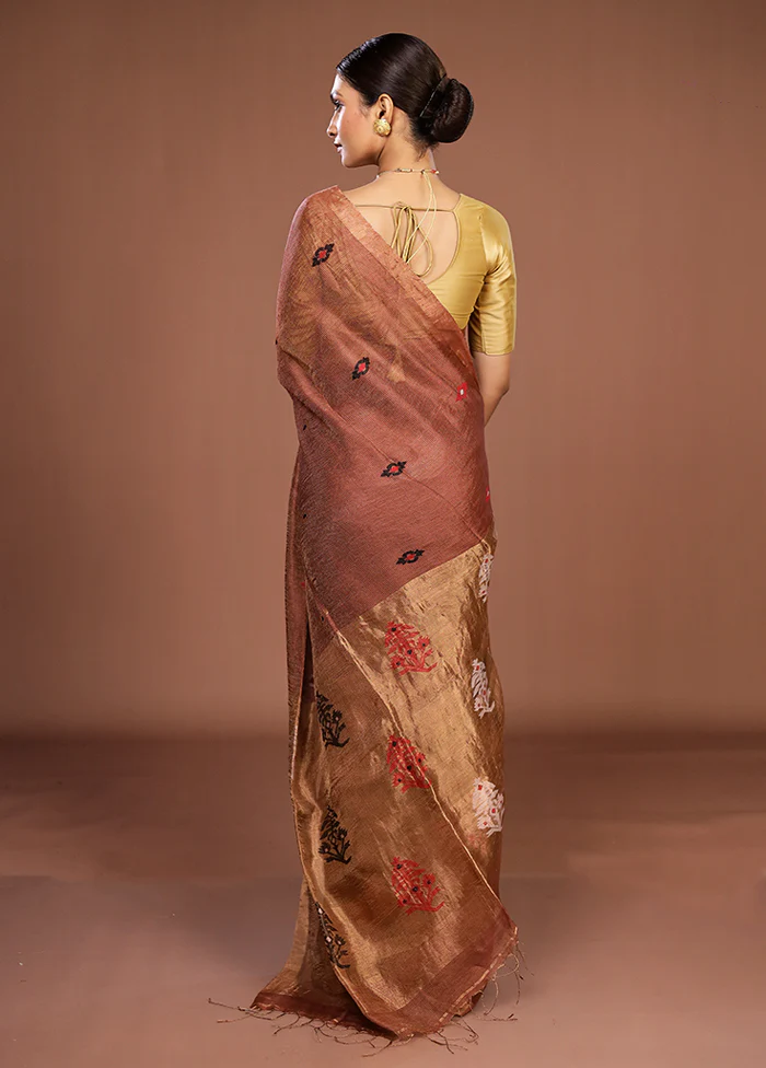 Maroon Linen Silk Saree With Blouse Piece - Image 3