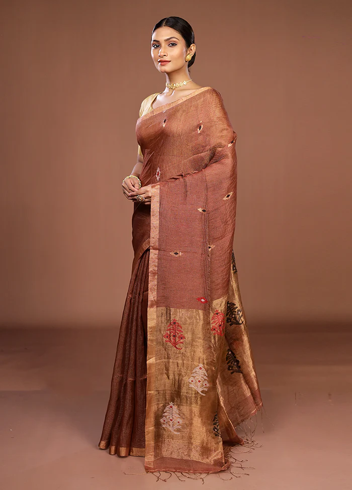 Maroon Linen Silk Saree With Blouse Piece - Image 4