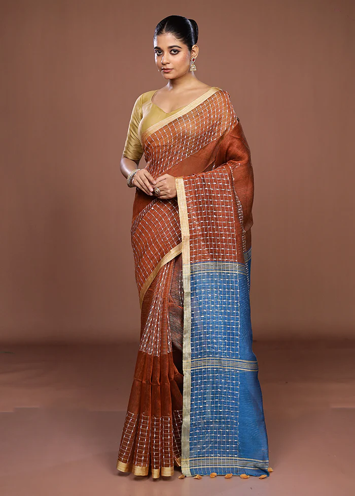 Maroon Linen Silk Saree With Blouse Piece - Image 2