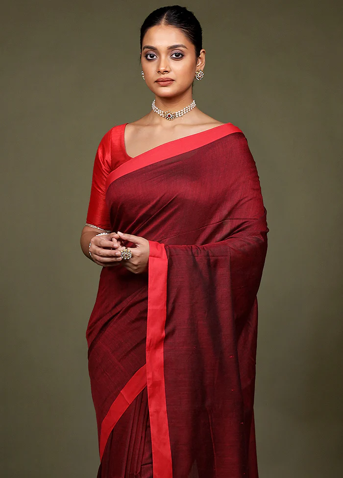 Maroon Matka Silk Saree With Blouse Piece - Image 2